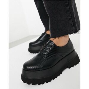 ASOS DESIGN Size 6 Marcy chunky lace up flat shoes in black lizard